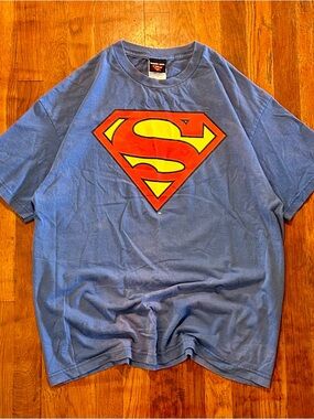 Vintage Y2K Superman Warner Bros DC Comics Big Logo Graphic Blue T-shirt L